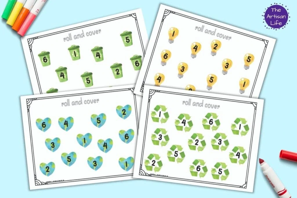 Four printable roll and cover mats for preschool math. Each page has the numbers 1-6 two times apiece. Each page has its own clip art: a planet Earth heart, a recycling symbol, a lightbulb, and a green recycling can.