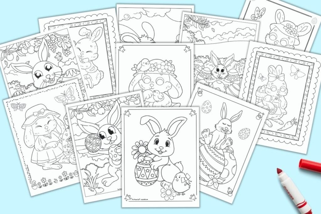 A preview of 11 cute Easter bunny coloring pages for kids Most pages have a doodle border to color in addition to the Easter bunny, but three have a full background to color in. Easter bunnies are shown with Easter eggs, flowers, carrots, and butterflies.