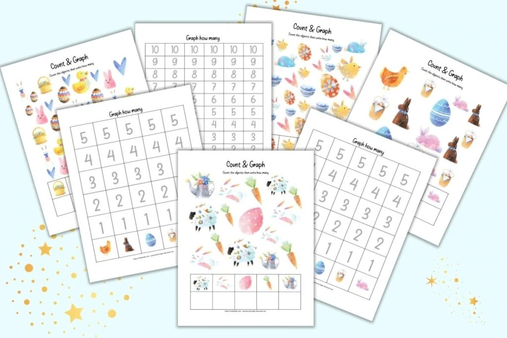 A mockup preview of seven pages of count and graph pages for preschoolers with an Easter theme. Four of the pages have cute Easter clipart and a place to record the quantity of each image. Three pages have graphs to fill in with 1-5 or 1-10