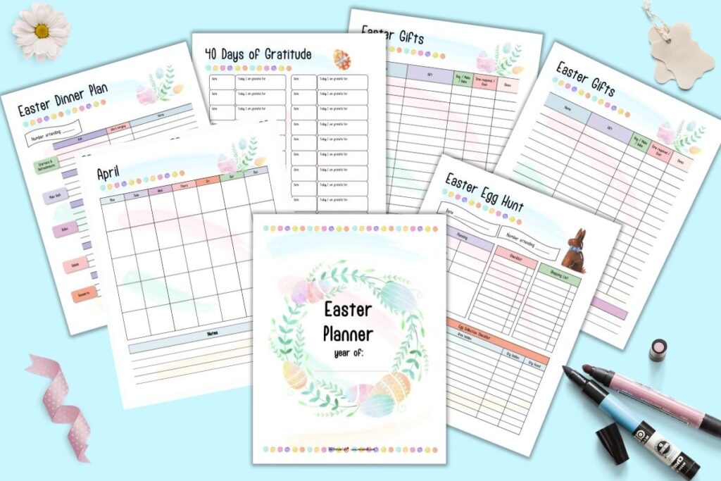 Seven pages from a printable Easter planner with pastel colors and Easter clipart. Pages include a cover, easter egg hunt planner, easter gifts, 40 days of gratitude, april calendar, and Easter dinner plan.