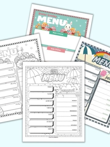 a preview of four printable pages of menu planner for April. Two are in black and white, two are in color. Pages include a weekly menu planner with an April showers theme (color and black and white), a black and white easter week menu planner, and a color Easter day menu planner