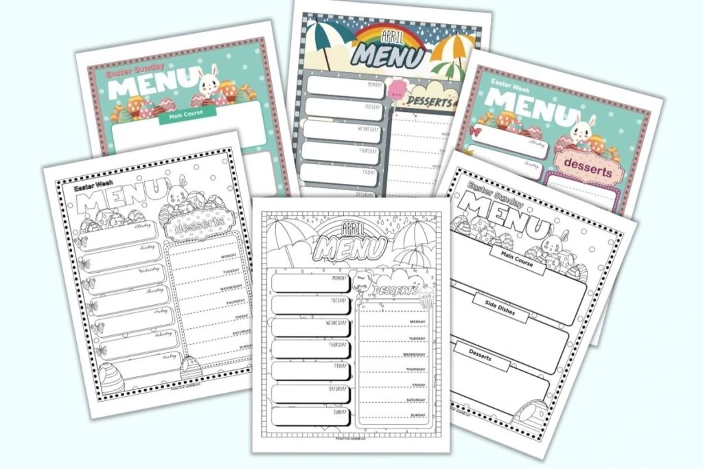 Six pages of printable April and Easter menu planners. Three pages are in color, three in black and white. Pages include a weekly meal planner with an April showers theme, Easter Sunday menu planner, and Easter week menu planner. The pages are on a light blue background.