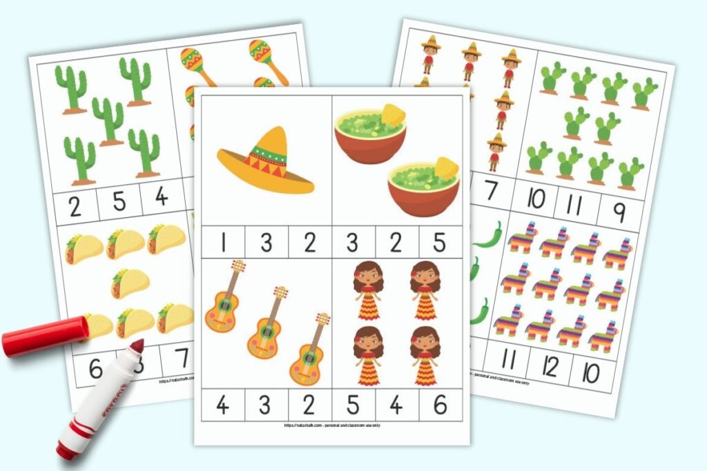 Three pages of Cinco de Mayo themed count and clip cards. Each page has four cards to cut apart. Each card has clip art with 1-12 images. Across the bottom of each card there are three numbers to pick from to select the correct number of images shown on the card.