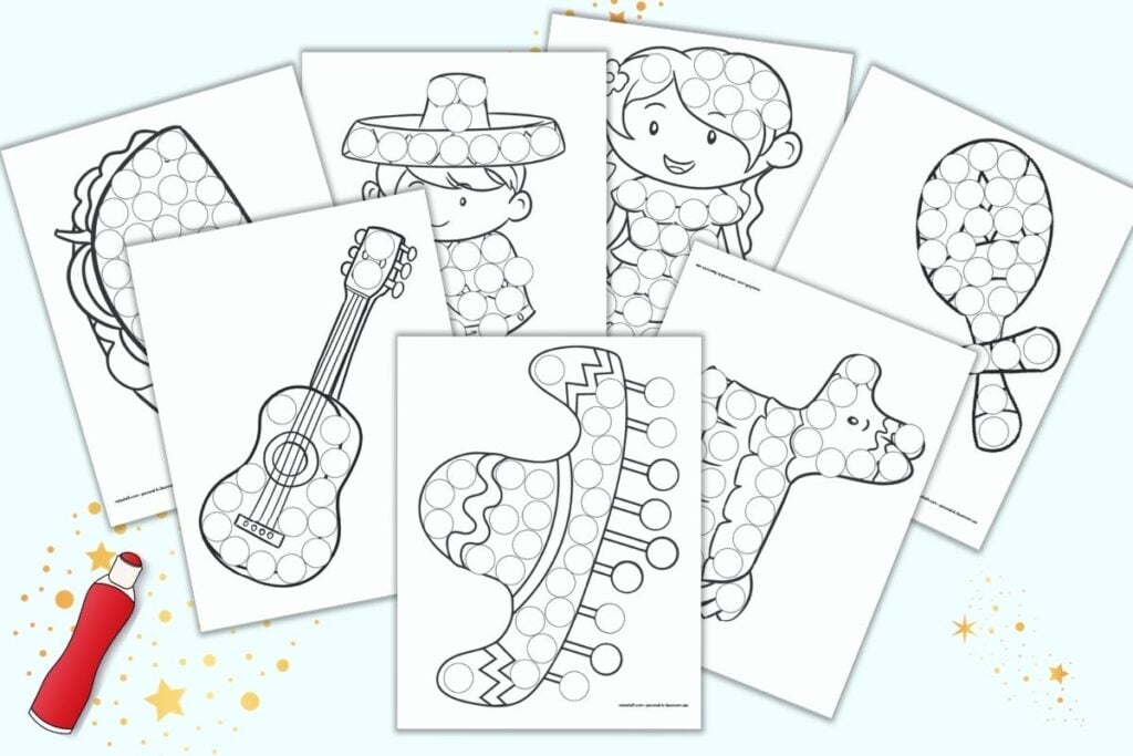Seven free printable Cinco de Mayo themed dab it dot marker coloring pages for children. Images include a sombrero, guitar, piñata, maracas, a boy, a girl, and a taco