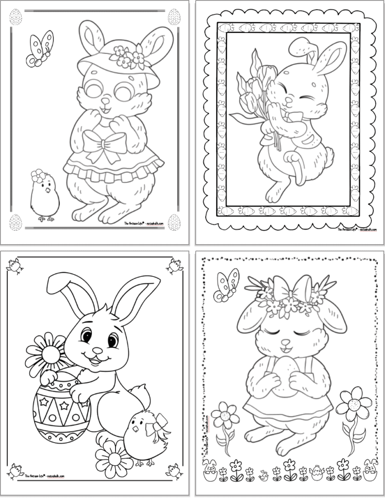 A 2x2 grid of free printable Easter bunny coloring pages. Each pave has a large Easter bunny to color and a doodle frame. Bunnies include: A cute bunny with a chick and butterfly, a bunny holding tuples, a bunny with eggs and daisies, and a bunny wearing a bowl holding a chocolate egg.