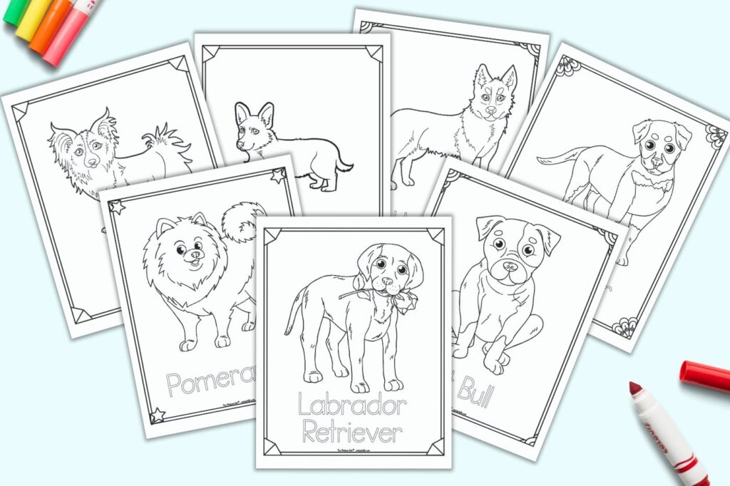 A preview of seven printable dog breed coloring pages. Each page has a doodle frame and a single dog drawing. The dog's breed name is below the image. Dogs include: lab, Pomeranian, papillon, pit bull, Rottweiler, husky, and corgi.