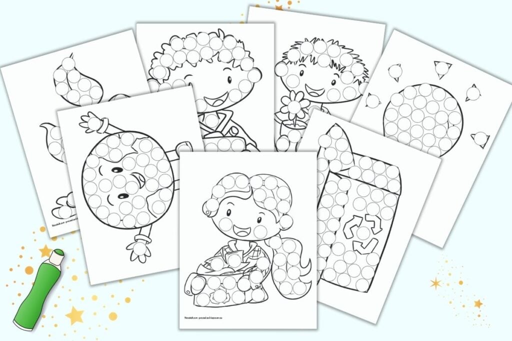 Seven free printable Earth Day themed dot marker printables for toddlers and preschoolers. Each page has a large black and white image covered with circles to color in. Pages include: a girl with a box of recycling, a box for recyclables, a happy planet Earth, a seedling, a boy with a box for recycling, a child with a flower pot, and a light bulb.