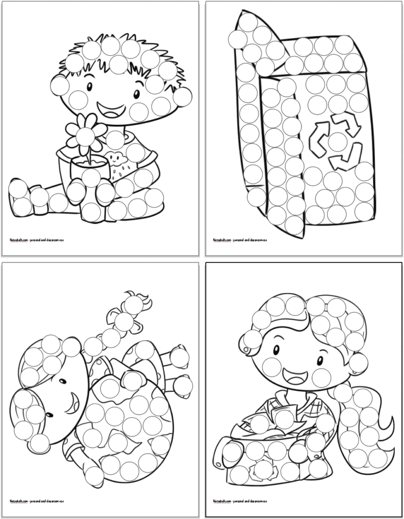 Four printable Earth Day dot marker coloring pages for toddlers and preschoolers. All pages have black and white drawings with large circles to color in. Pages are: a child with a flower pot, a recycling box, a girl holding the Earth, and a girl holding a box of recycling. 
