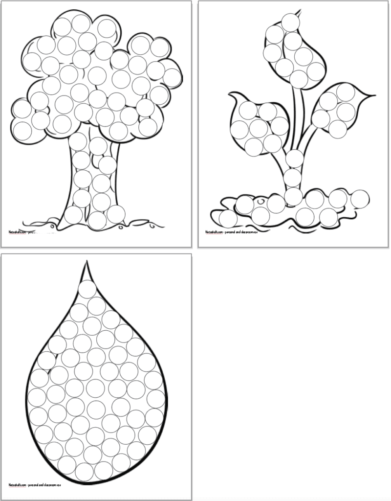 Three printable Earth Day dot marker coloring pages for toddlers and preschoolers. All pages have black and white drawings with large circles to color in. Pages are: a tree, a seedling, and a raindrop.