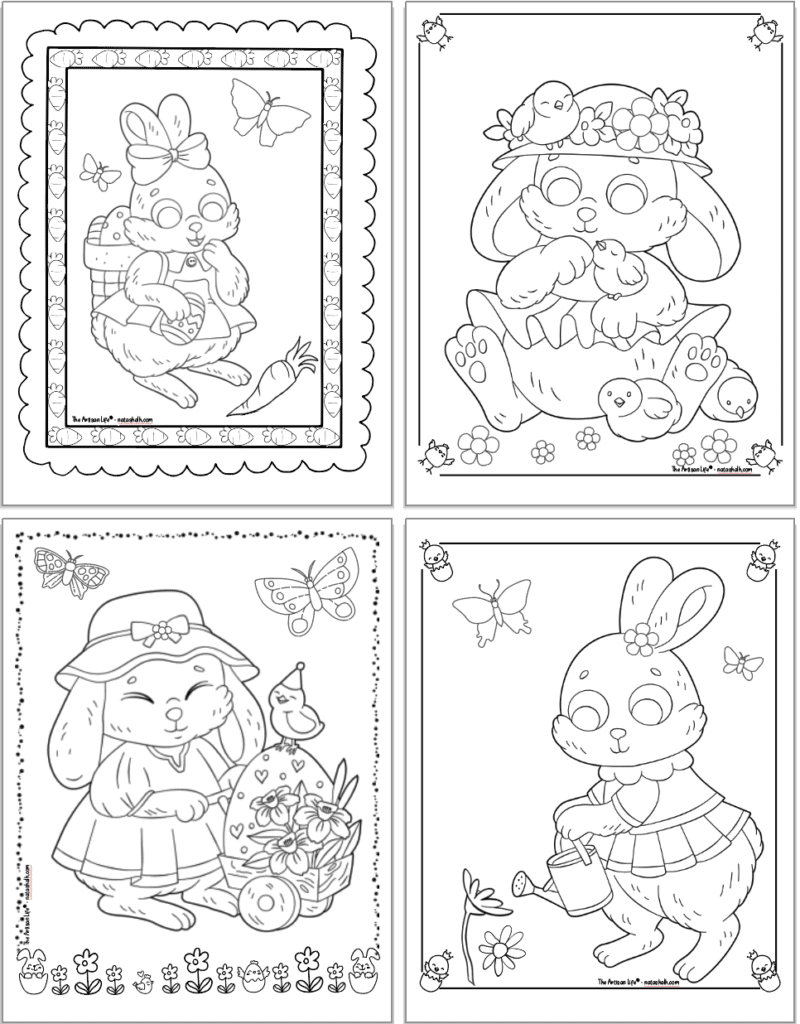 A 2x2 grid of free printable Easter bunny coloring pages. Each pave has a large Easter bunny to color and a doodle frame. Bunnies include: a happy bunny looking at a carrot, a cute bunny with small chicks, a bunny pushing a wheelbarrow tie an Easter egg, and a bunny using a watering can to water flowers.