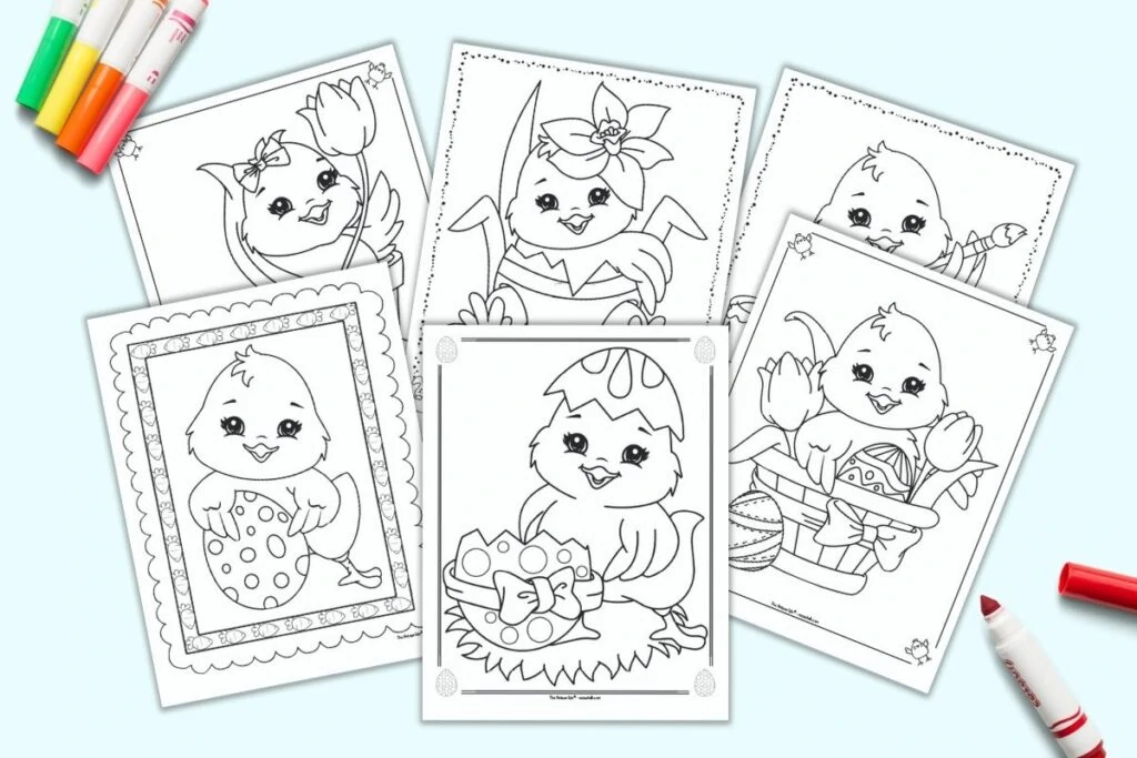A preview of six printable cute Easter chick coloring pages for kids with colorful children's markers. The pages each have a cartoon baby chick with Easter eggs.
