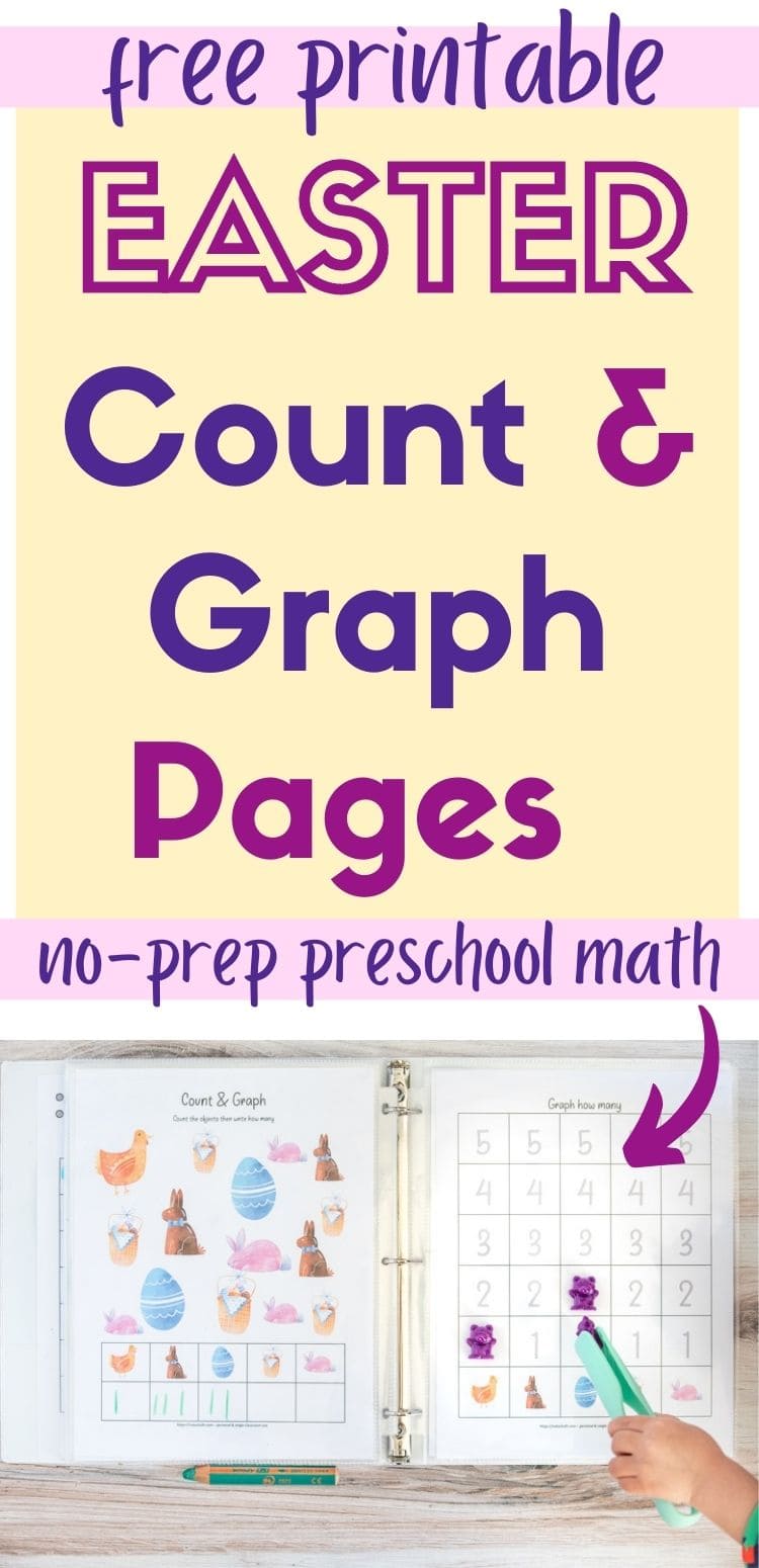text "free printable Easter count and graph pages - no-prep preschool math" with an arrow pointing at two printed Easter count and graph worksheets in page protectors in a whit binder. The left page has Easter clip art and boxes to write how many of each image is on the page. The right page has a graphing page with numbered boxes 1-5 to fill in with the appropriate number for each clip art image. A young child's hand is using a pair of teal plastic tongs to place a purple counting bear on a square.