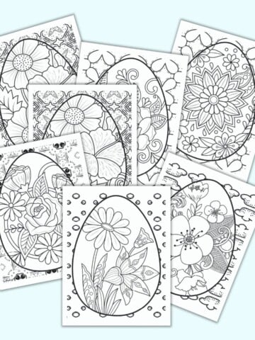 Seven printable Easter egg coloring pages for adults. Each egg is large and almost completely fills the page. The eggs have floral images inside. Behind each egg is a geometric abstract pattern to color.