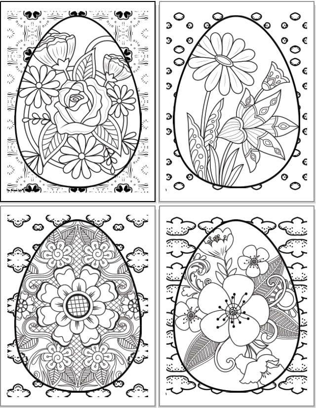 A 2x2 grid of printable Easter egg coloring pages for grown ups. Each egg has a floral design inside with roses, daisies, cherry blossoms, etc.. The eggs are overplayed on abstract geometric designs to color.