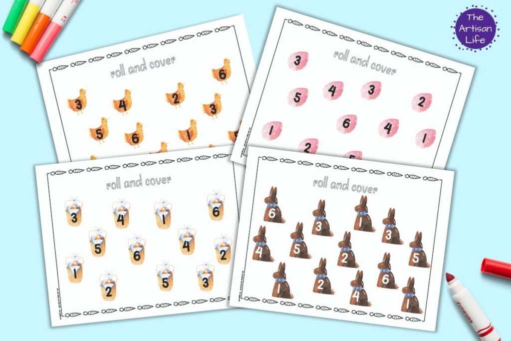 Four free printable Easter roll and cover mats for preschoolers. The mats each have 12 images and each image has a number 1-6. The numbers are repeated twice on each mat. The mats are shown on a blue background with colorful children's markers.
