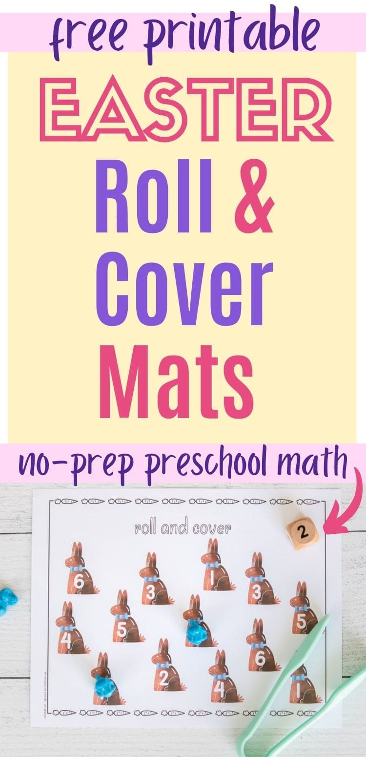 Text "free printable Easter roll and cover mats - no-prep preschool math" above an image of a printable page with 12 Easter bunny clip arts. Each bunny has a number 1-12. Two numbers are covered with blue math counters.