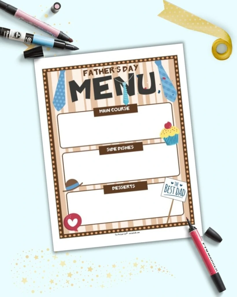 A colorful free printable Father's Day Sunday menu planner with space to plan the main dish, sides, and desserts.