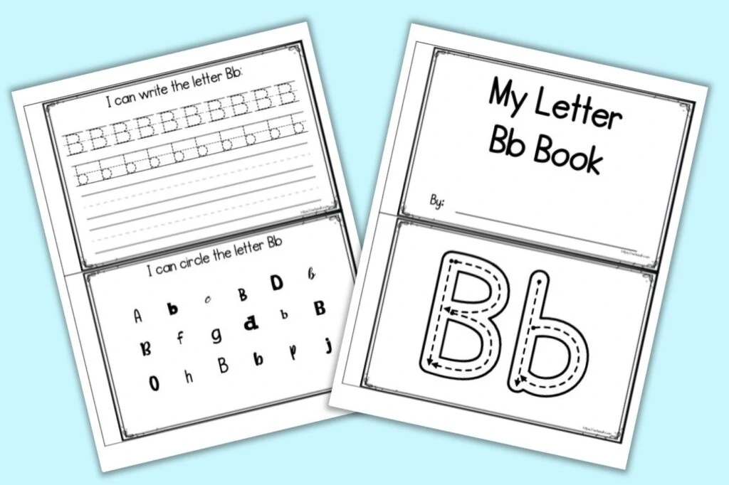 Two sheets of printables for a printable letter b book for preschoolers and kindergarteners. Each sheet has two pages to cut out. Pages are a cover page, large letter Bb tracing graphics, dotted B and b on lines to trace, and a find and circle the letter Bb in various fonts page.