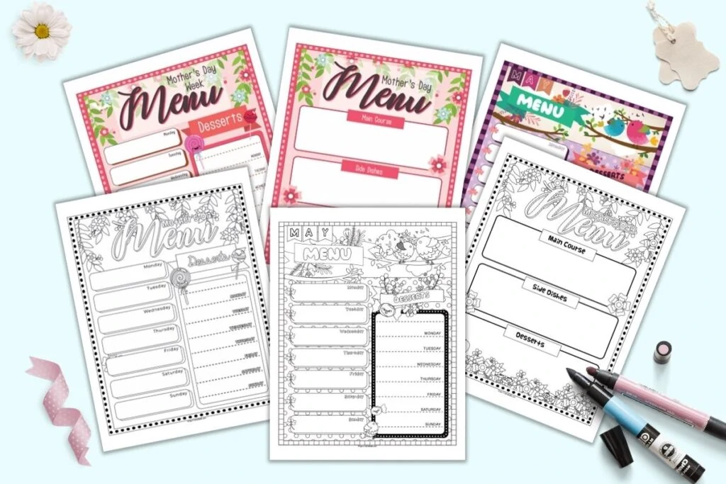 Six menu planners for May. Three are black and white and three have the same designs colored in. Pages include: A weekly May menu planner with an birds and flowers theme
A Mother's Day Sunday menu planner
A Mother's Day themed weekly meal planner printable
