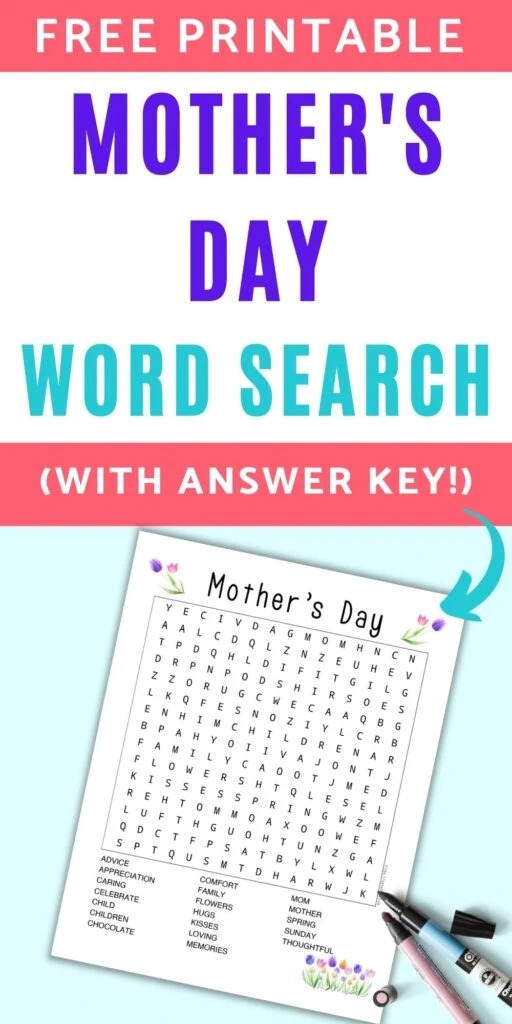 Text "free printable mother's day word search with answer key!" with a teal arrow pointing at a Mother's Day word search printable decorated with watercolor tulip clipart