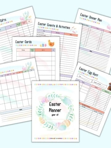 Seven pages of free Easter planner printable including a cover page, egg hunt planner, undated April planner, Easter gifts planner, Easter dinner planner, and Easter activities planner pages