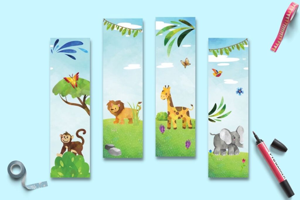 Four printable children's bookmarks on a blue background. Each bookmark has a safari animal - an elephant, a monkey, a lion, and a giraffe 