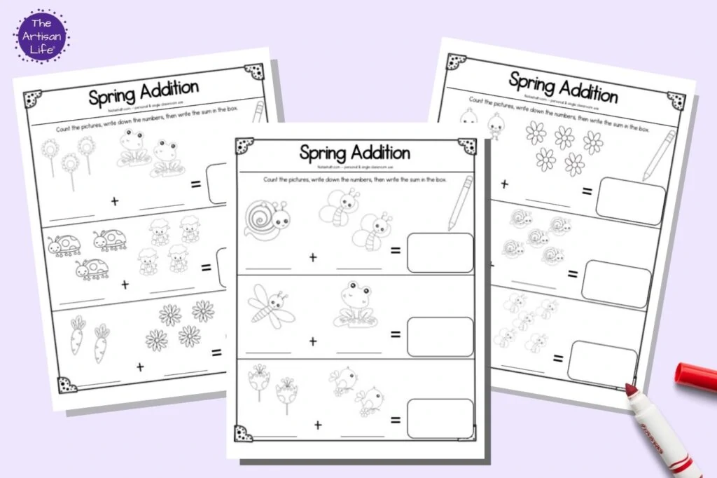 Three pages of kindergarten spring addition printable with numbers 1-10. Each page has three addition sentences with black and white images to count and color.