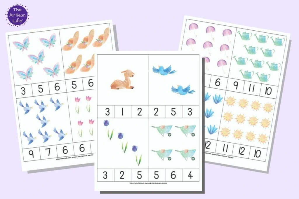 Three pages of spring themed count and clip printables. Each page has four count and clip cards. Each card has 1-12 spring clip art images and there are three numbers across the bottom to pic the correct answer from.