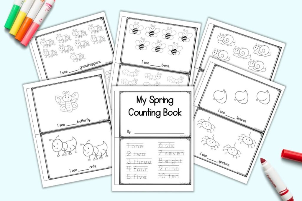 Six pages of free printable spring counting book for preschoolers. Each page has two pages to cut apart in order to form the book. The front and center page has "my spring counting book" and the numbers 1-10 in a dotted font to trace. Behind are pages with 1-10 black and white cute spring items to color and "I see ___" with a space for the child to write the correct number of items for each page.