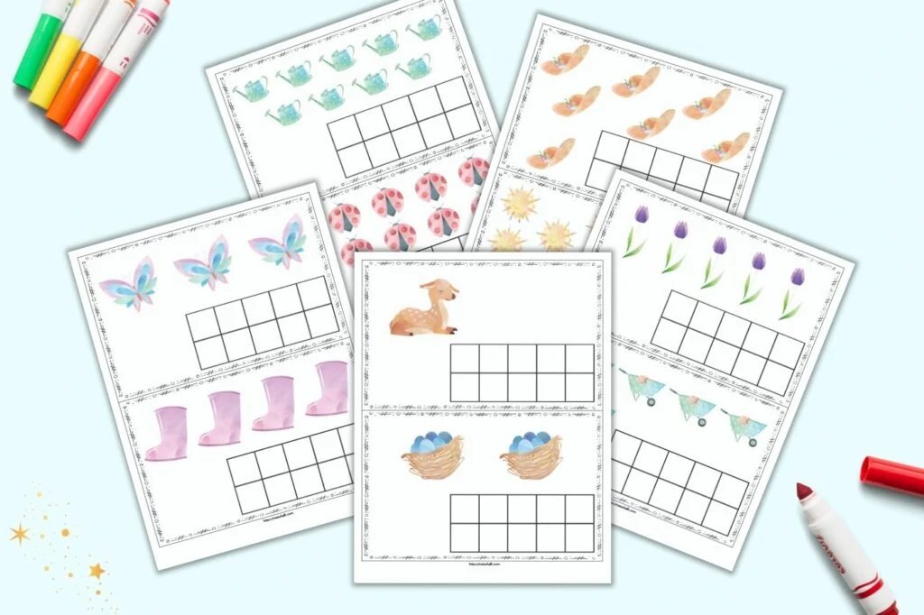 A preview of five free printable pages. Each page has two spring themed ten frame card printables to cut apart and use with preschoolers or kindergarteners. 