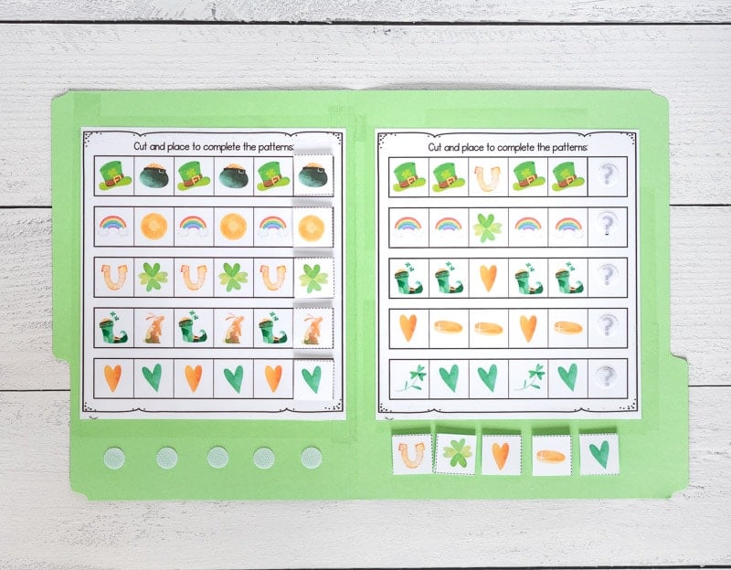 A green folder with printable worksheets for completing the St. Patrick's Day pattern