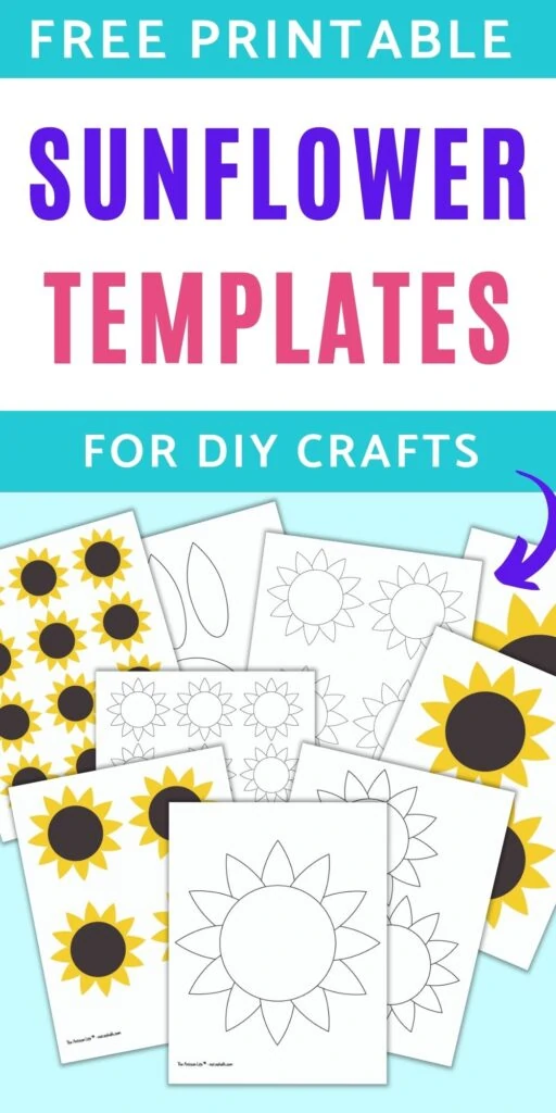 Text "Free printable sunflower templates for DIY crafts" above a preview of nine printable sunflower templates and patterns in black and white and color. All pages have flowers only without stems.