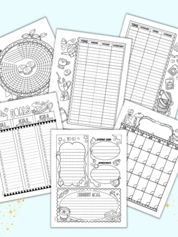 Six printable tea time themed planner pages with black and white tea themed illustrations to color. The planner pages include a daily log, monthly calendar, habit tracker, goals planner, and two page vertical weekly spread