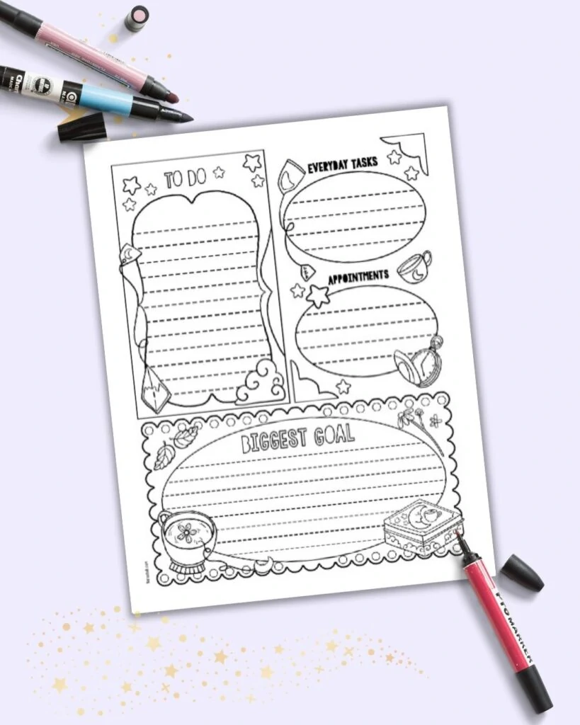 A tea themed planner printable in the style of a daily log for a bullet journal. The page has "to do" "everyday tasks" "appointments" and "biggest goal" boxes to write in with black and white tea time illustrations.