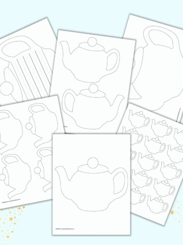 Six free printable teapot outline printables. Pages include an extra large 10" teapot, an 8" teapot, a 10" teapot with writing paper lines, two medium teapots on one page, four teapots on one page, and 15 small teapots