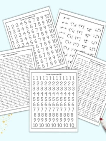 A preview of five printable number tracing worksheets with numbers 1-10 to trace. The pages have dotted letters to trace, bubble letters to color in, and number formation graphics with arrows. They are on a light blue page with a red marker.