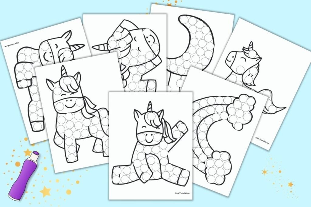 Seven free printable unicorn do a dot marker pages. Each page has a unicorn image in black and white with blank circles to dot in. The pages are next to an illustrated purple dot marker.