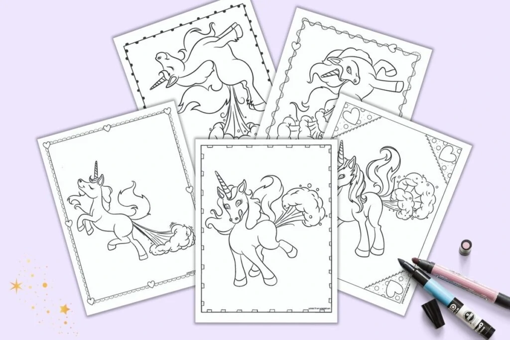 Five free printable farting unicorn coloring pages on a purple background. Each page has a farting unicorn inside a doodle frame to color.