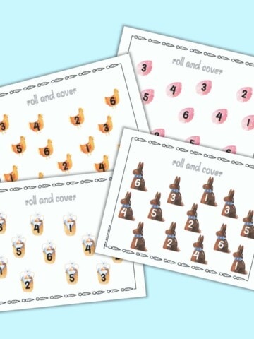 Four printable roll and cover mats with an Easter theme. Each page has 12 Easter clip arts. Each clip art has a number 1-6 so a child can roll a six sided die and cover a number