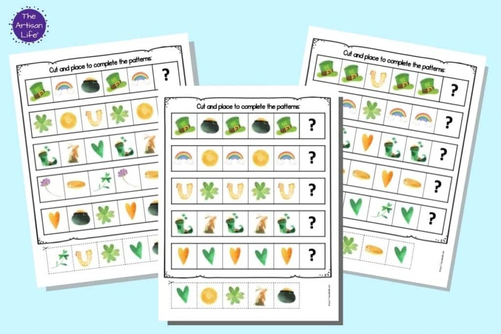 A digital mockup of three printable extend the sequence/complete the pattern worksheets for preschoolers. Each page has five patterns made with St. Patrick's Day clipart and five tiles to cut and paste to complete the pattern.