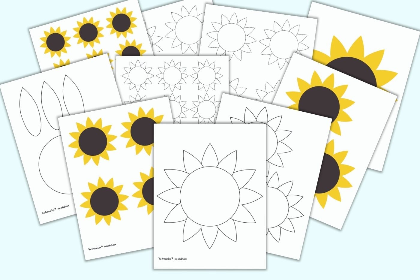 A preview of 10 printable sunflower templates and sunflower patterns including large sunflowers, sunflower patterns, medium sunflowers, and small sunflowers in color and black and white.