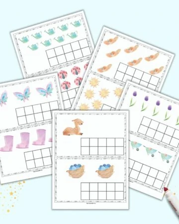 Five pages of free printable spring themed ten frame cards for preschoolers. Each page has 2 cards with clip art and a blank ten frame to fill in.
