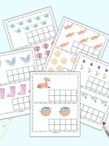 Five pages of free printable spring themed ten frame cards for preschoolers. Each page has 2 cards with clip art and a blank ten frame to fill in.