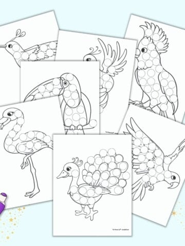 Seven printable tropical bird coloring pages for toddlers and preschoolers. Each page has a large tropical bird covered with blank circles to dot in. Birds include peacock, hornbill, cockatoos, parrot, peacock, and flamingo. There is an illustration of a purple do a dot marker in the bottom left corner.