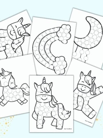 Six free printable do a dot marker pages with unicorns, a rainbow, and a moon