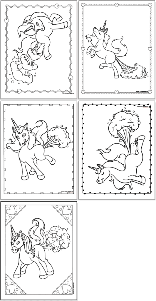 Five free printable unicorn farting coloring pages. Each page has a farting unicorn and a doodle frame. 