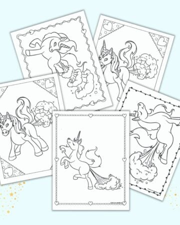 Five free printable farting unicorn coloring pages on a light blue background. Each page has a farting unicorn inside a doodle frame to color.