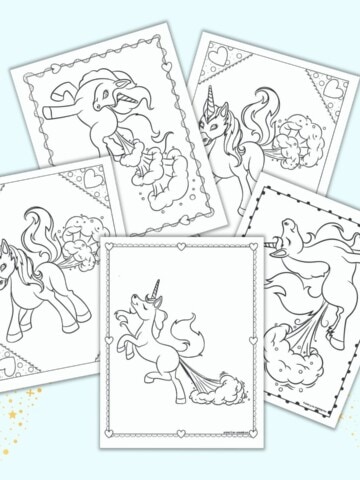 Five free printable farting unicorn coloring pages on a light blue background. Each page has a farting unicorn inside a doodle frame to color.