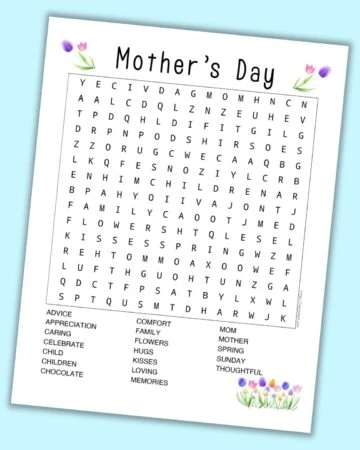A mother's day themed word search on a blue background. The word search has 19 Mother's Day related words to seek and find.