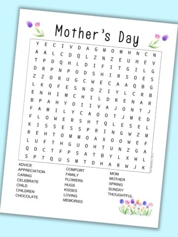 A mother's day themed word search on a blue background. The word search has 19 Mother's Day related words to seek and find.